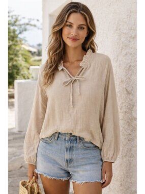 ✨ NWT Cupshe Beige Cotton Gauze Boho Ruffle Blouse Large ✨